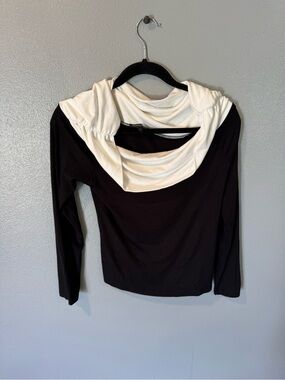 Two-Tone Black and Cream Draped Cowl Long Sleeve Top